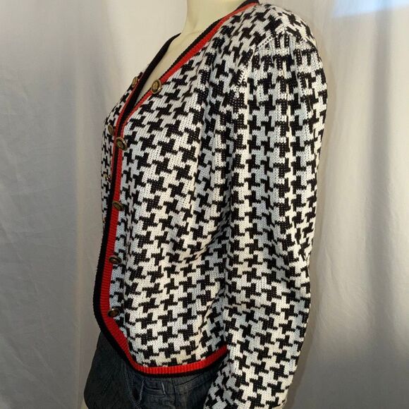 Vintage Leslie Fay Collections Women’s 14 Houndstooth Cardigan Black White Red T - Picture 12 of 15